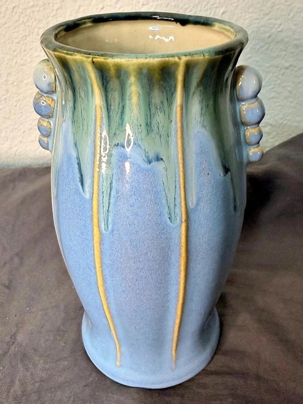 Vintage Made in Japan Blue Drip Glaze Pottery Vase 7.25”